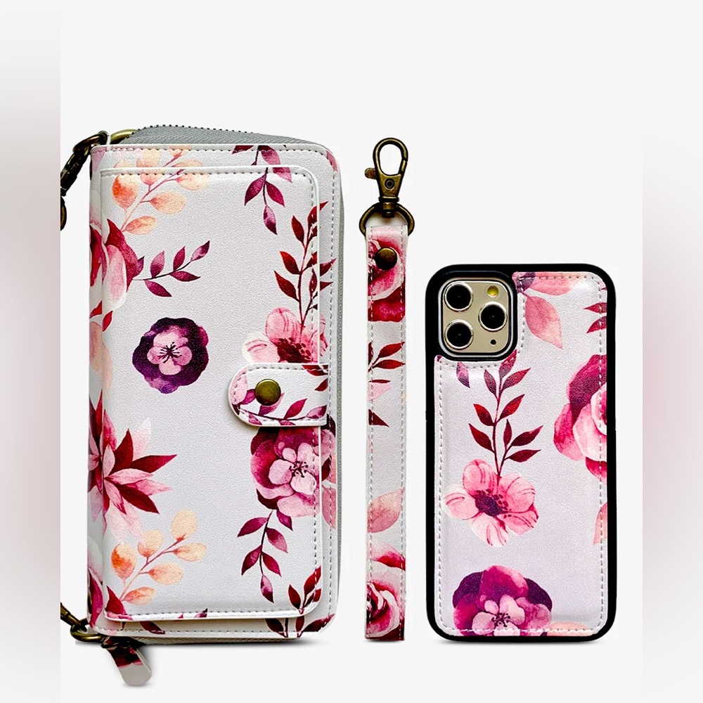 MAHALO 2-in-1 RFID CrossBody Wallet Phone Case Blush Pink with Romantic Floral